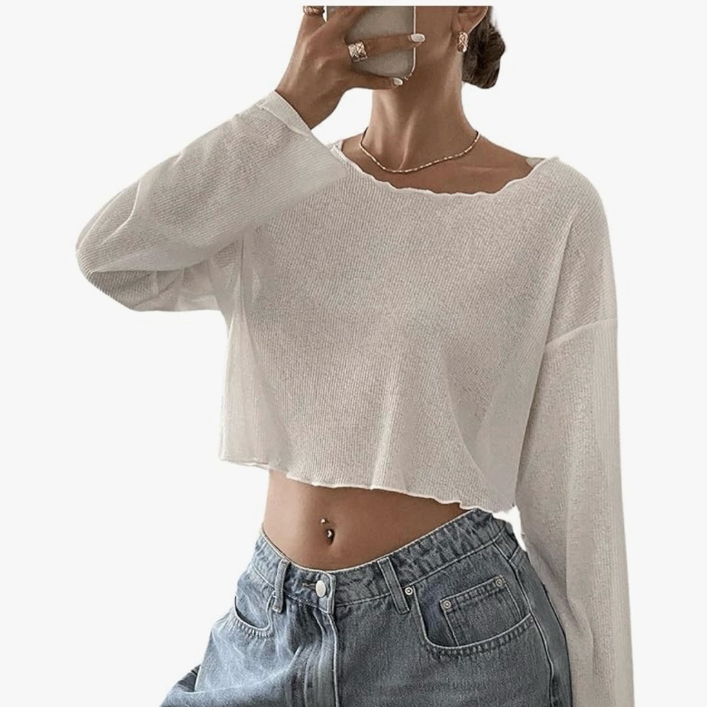 Roseseek sheer crop top. White Mesh Sheer Drop Shoulder Lettuce trim Long Sleeve